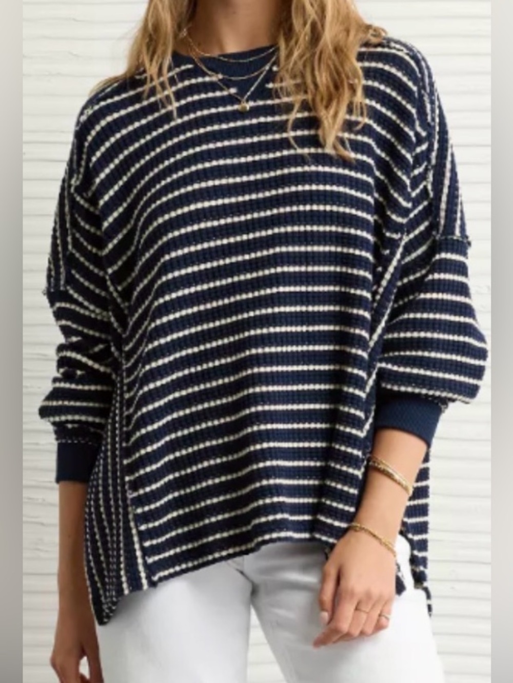 American Eagle Big Hug Striped Waffle Knit Oversized Sweatshirt Large